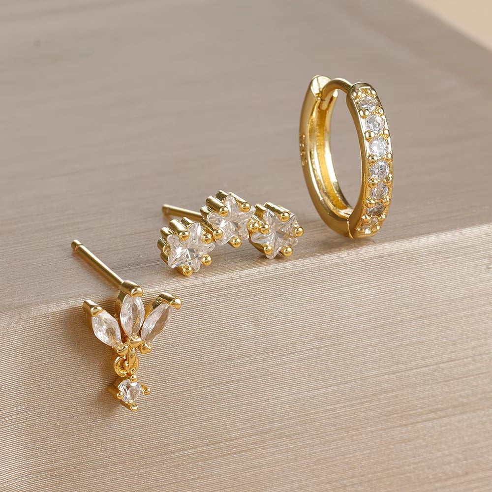 3PCS Luxury Star Pendant Piercing Earrings Set for Women Stainless Steel Zircon Punk Ear Studs Earring Lady Jewelry Aretes