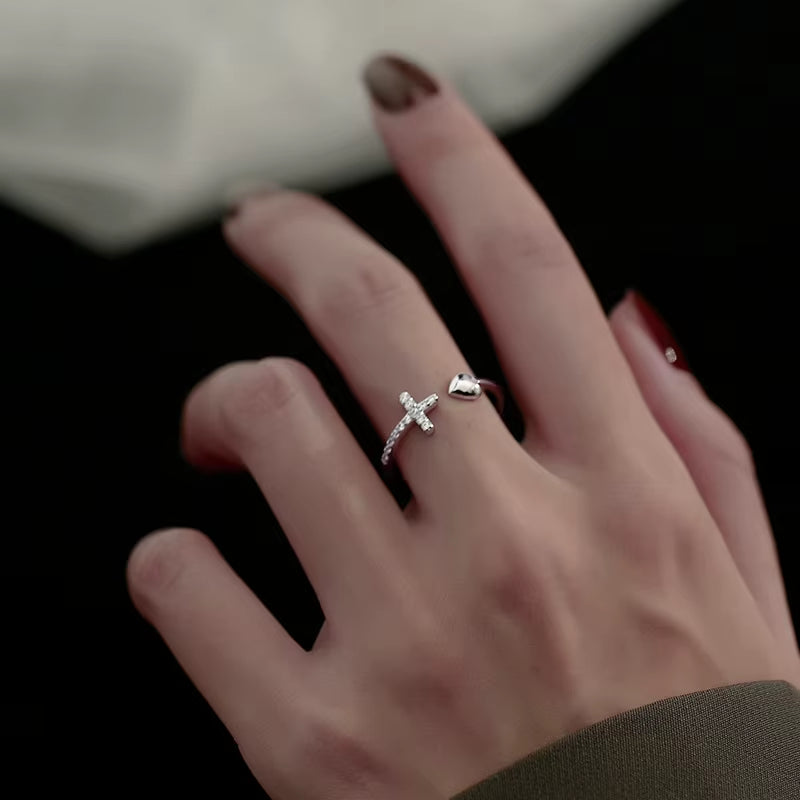 925 Sterling Silver Cross Love Ring for Women Jewelry Adjustable Open Ring for Party Birthday Gift
