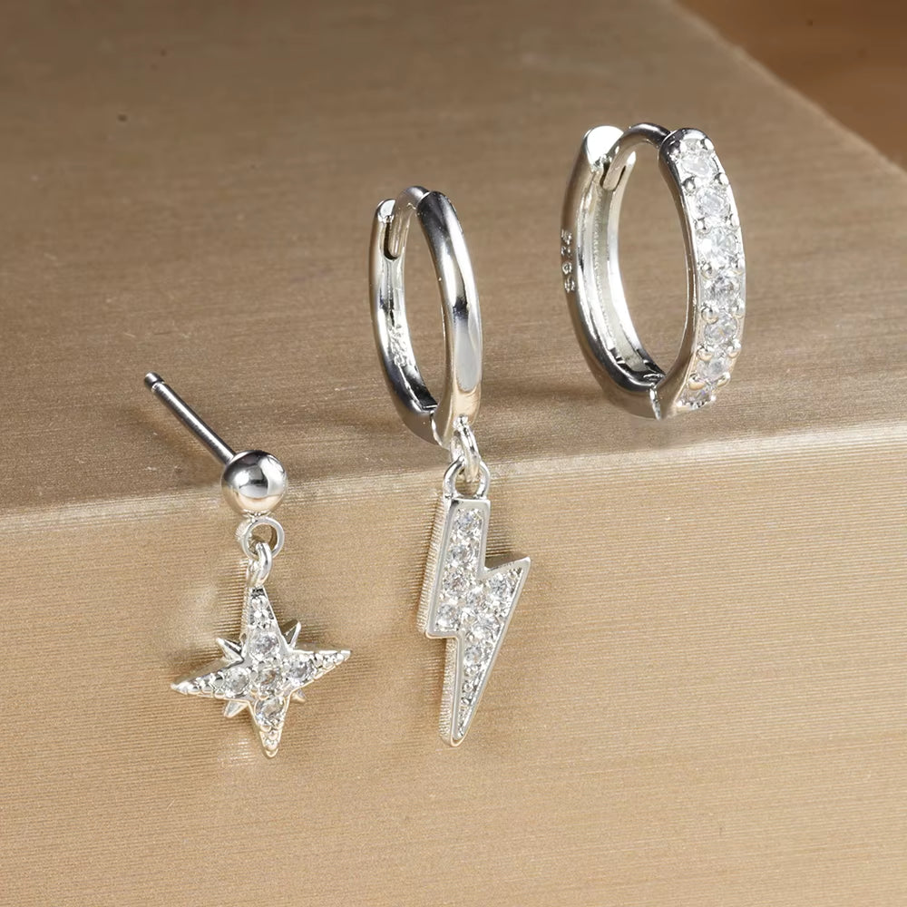 3PCS Luxury Star Pendant Piercing Earrings Set for Women Stainless Steel Zircon Punk Ear Studs Earring Lady Jewelry Aretes