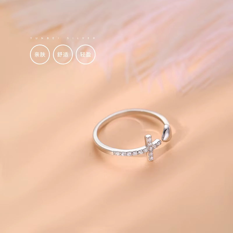 925 Sterling Silver Cross Love Ring for Women Jewelry Adjustable Open Ring for Party Birthday Gift