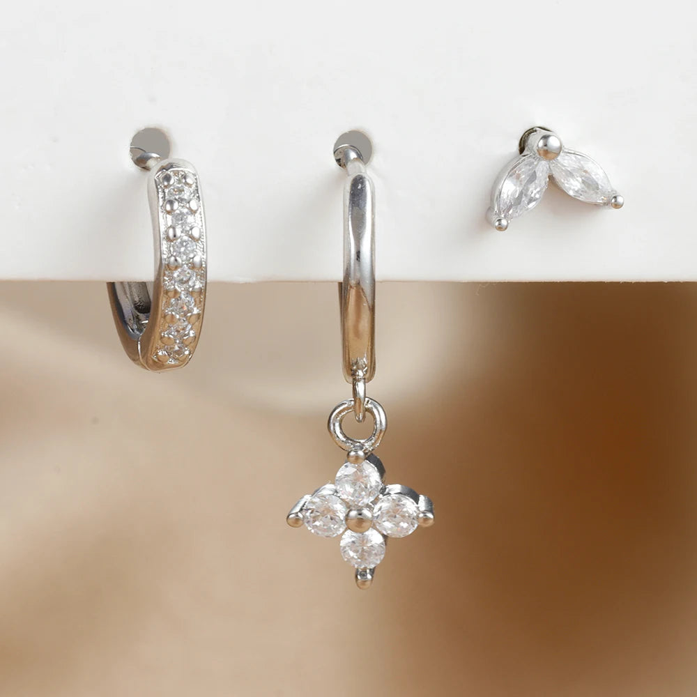 3PCS Exquisite Green Zircon Hanging Earrings Set for Women Stainless Steel Flower Dangle Earring Cartilage Piercing Jewelry