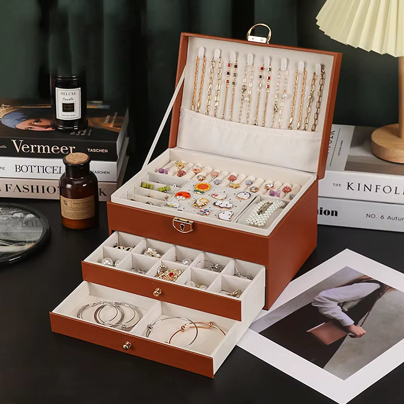 Multifunctional Three Layer Leather Jewelry Box with Lock Earrings Jewelry Storage Box for Women