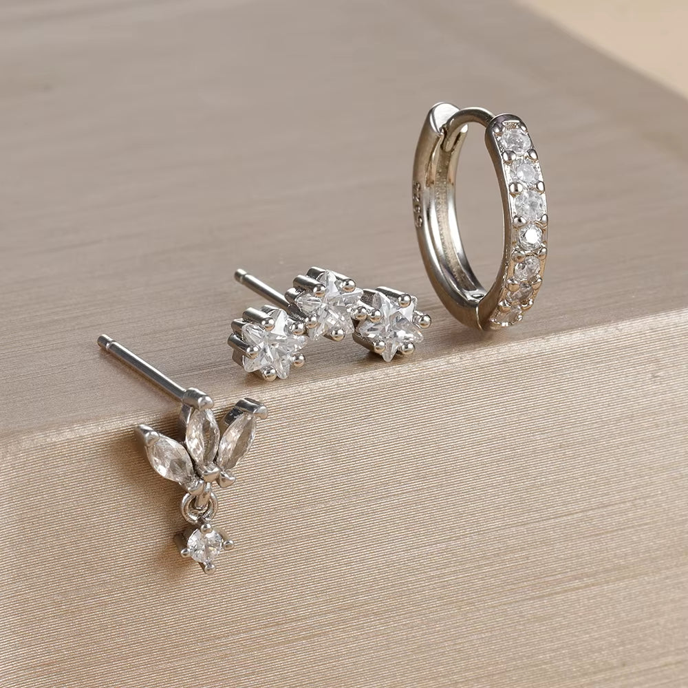 3PCS Luxury Star Pendant Piercing Earrings Set for Women Stainless Steel Zircon Punk Ear Studs Earring Lady Jewelry Aretes