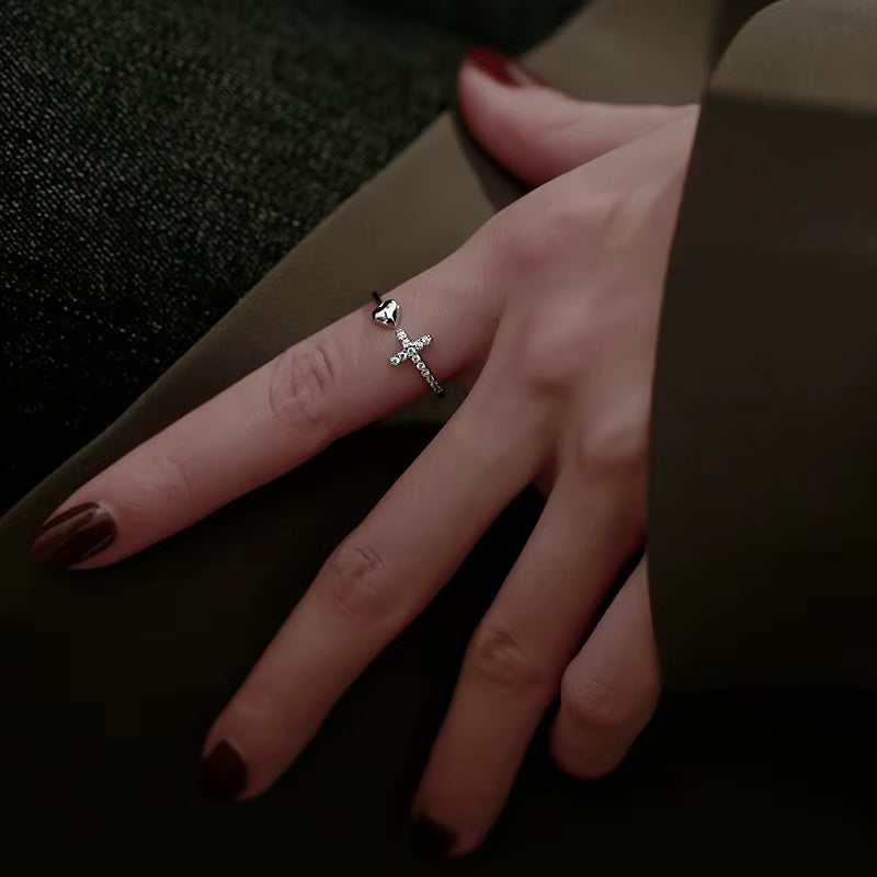 925 Sterling Silver Cross Love Ring for Women Jewelry Adjustable Open Ring for Party Birthday Gift