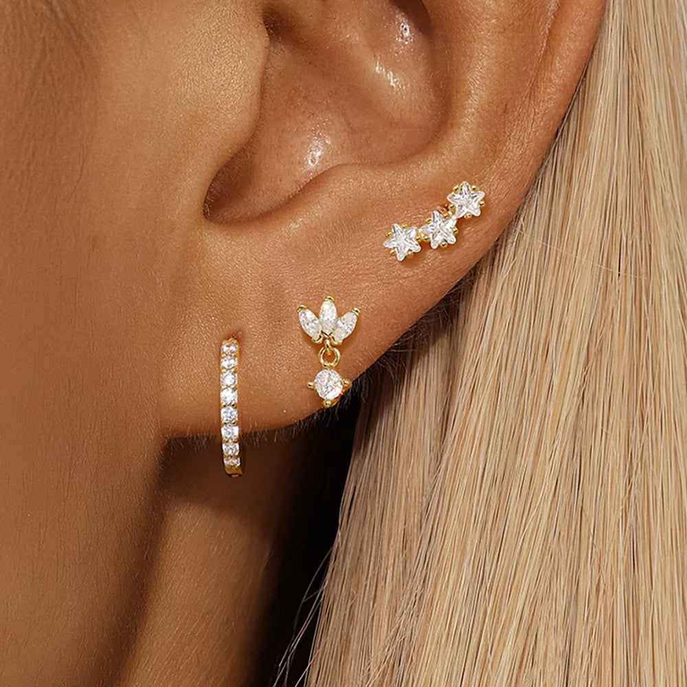 3PCS Luxury Star Pendant Piercing Earrings Set for Women Stainless Steel Zircon Punk Ear Studs Earring Lady Jewelry Aretes