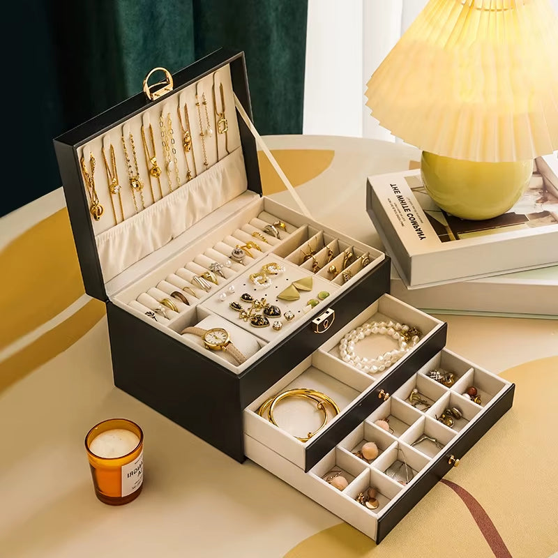 Multifunctional Three Layer Leather Jewelry Box with Lock Earrings Jewelry Storage Box for Women