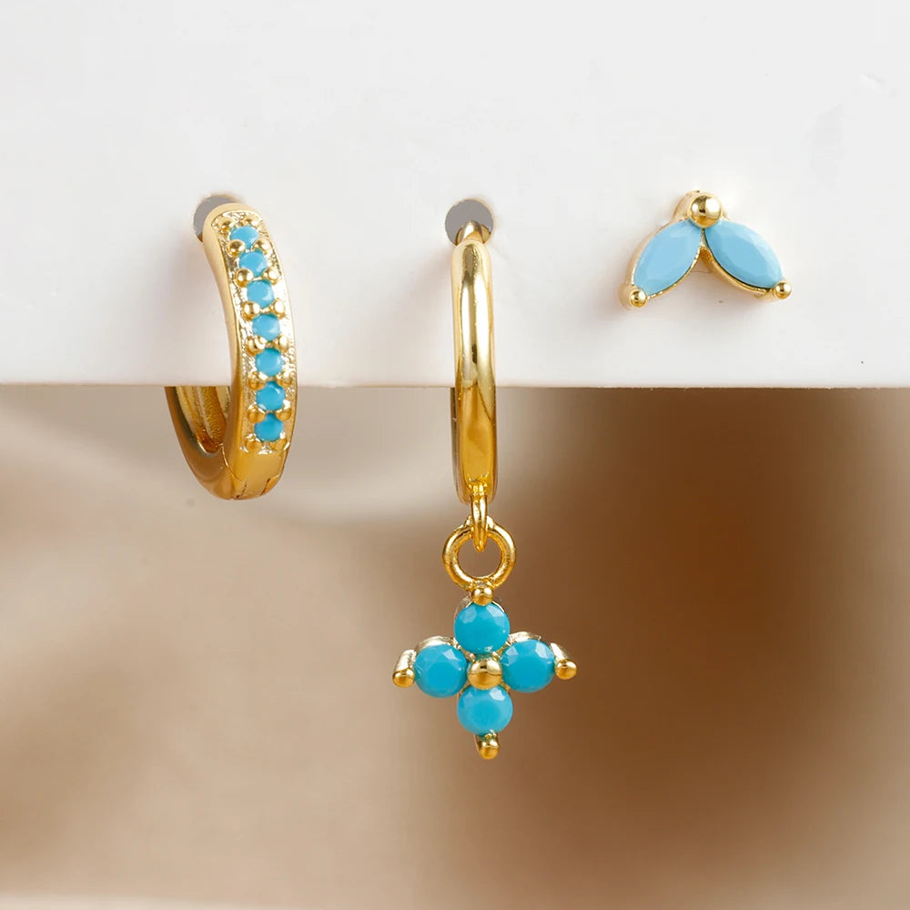 3PCS Exquisite Green Zircon Hanging Earrings Set for Women Stainless Steel Flower Dangle Earring Cartilage Piercing Jewelry