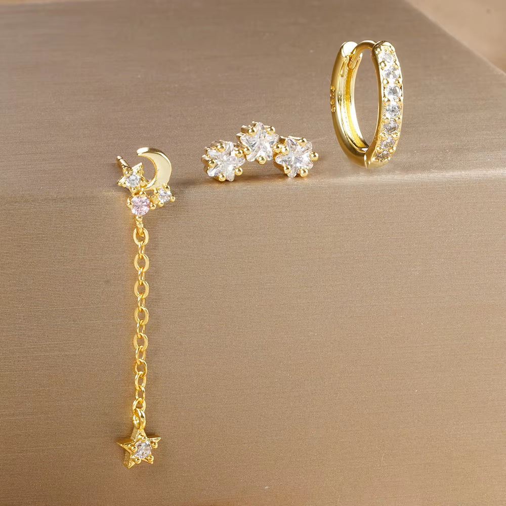 3PCS Luxury Star Pendant Piercing Earrings Set for Women Stainless Steel Zircon Punk Ear Studs Earring Lady Jewelry Aretes