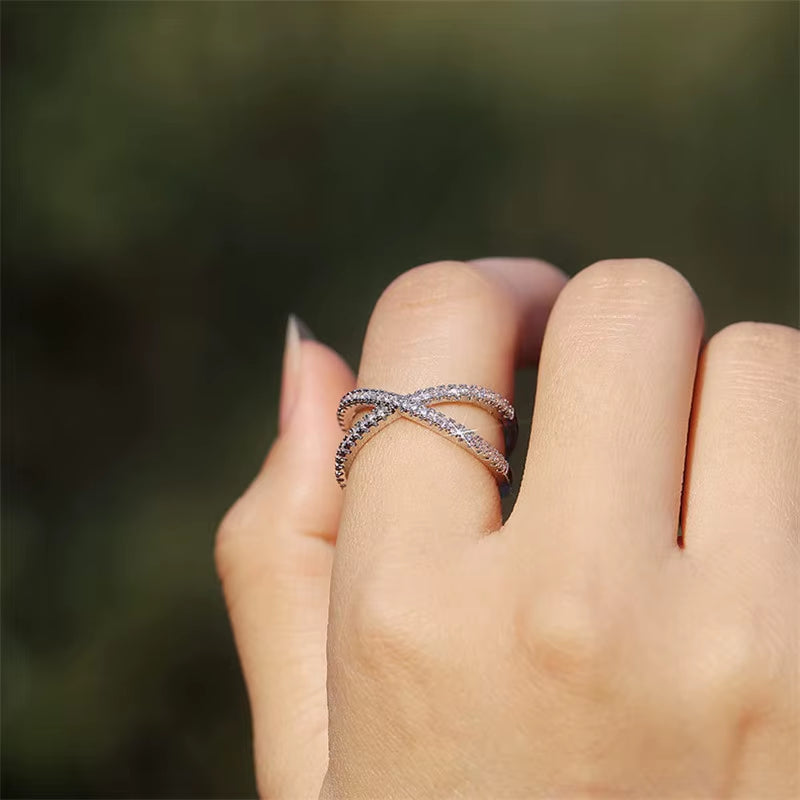 925 Sterling Silver Luxury Cross X Shape Women Engagement Ring Full Paved CZ Stone Elegant Simple Female Jewelry