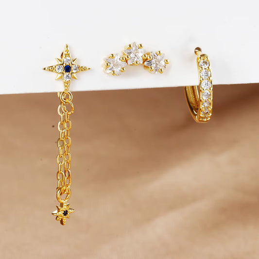 3PCS Luxury Star Pendant Piercing Earrings Set for Women Stainless Steel Zircon Punk Ear Studs Earring Lady Jewelry Aretes