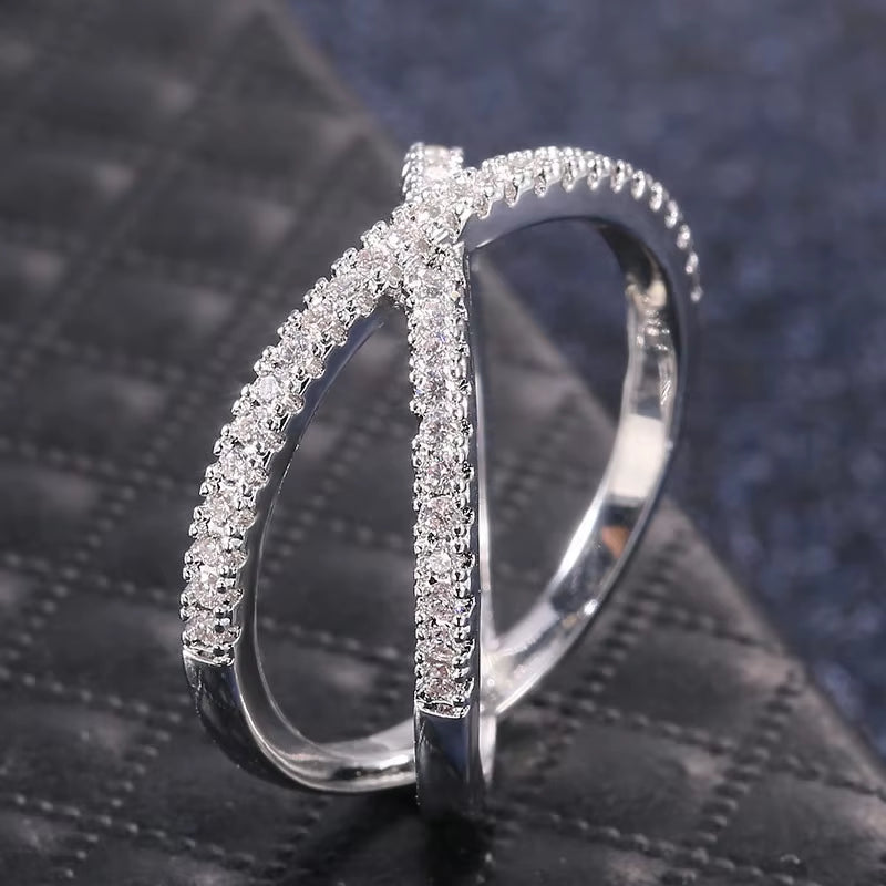 925 Sterling Silver Luxury Cross X Shape Women Engagement Ring Full Paved CZ Stone Elegant Simple Female Jewelry