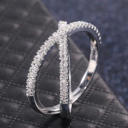 925 Sterling Silver Luxury Cross X Shape Women Engagement Ring Full Paved CZ Stone Elegant Simple Female Jewelry