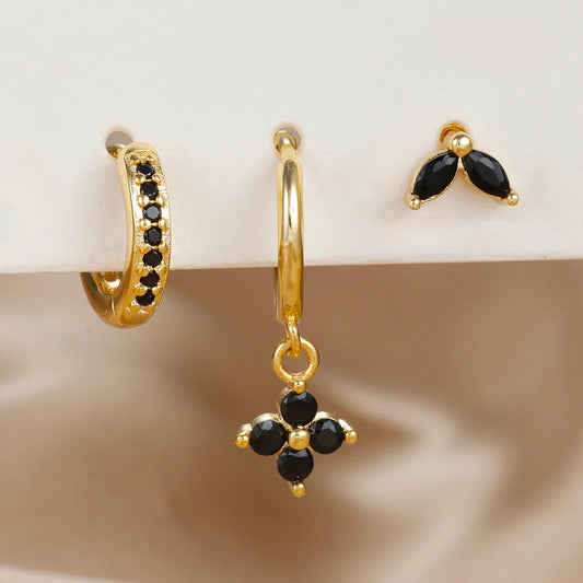 3PCS Exquisite Green Zircon Hanging Earrings Set for Women Stainless Steel Flower Dangle Earring Cartilage Piercing Jewelry