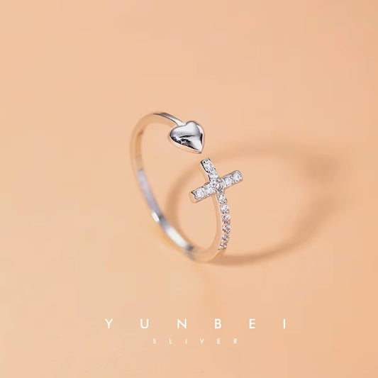 925 Sterling Silver Cross Love Ring for Women Jewelry Adjustable Open Ring for Party Birthday Gift