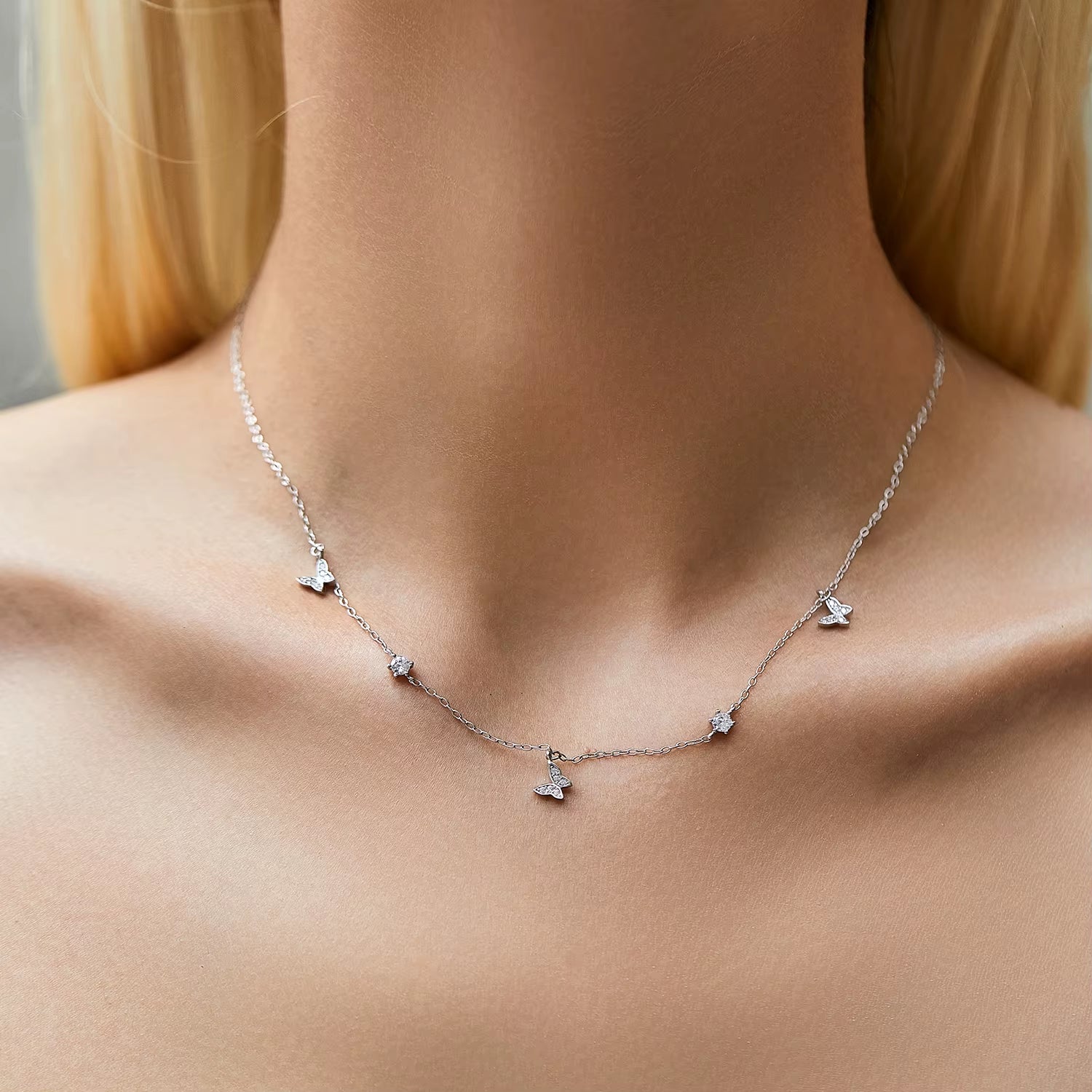 Flying Butterfly CZ Necklace 925 Sterling Silver Simple Link Chain Charms White Gold Plated Necklaces for Women Jewelry