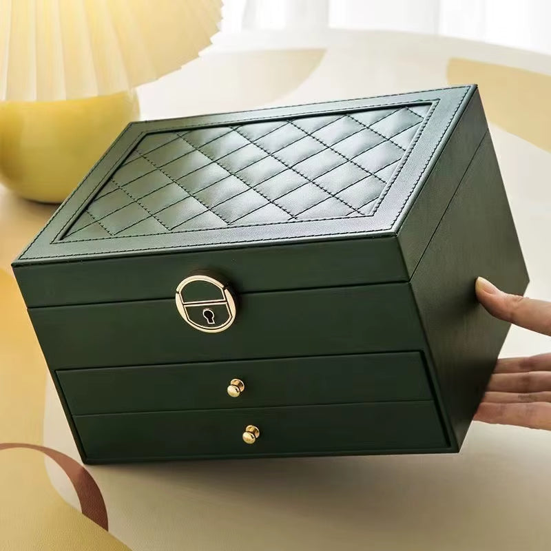 Multifunctional Three Layer Leather Jewelry Box with Lock Earrings Jewelry Storage Box for Women
