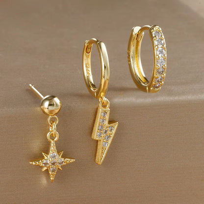 3PCS Luxury Star Pendant Piercing Earrings Set for Women Stainless Steel Zircon Punk Ear Studs Earring Lady Jewelry Aretes
