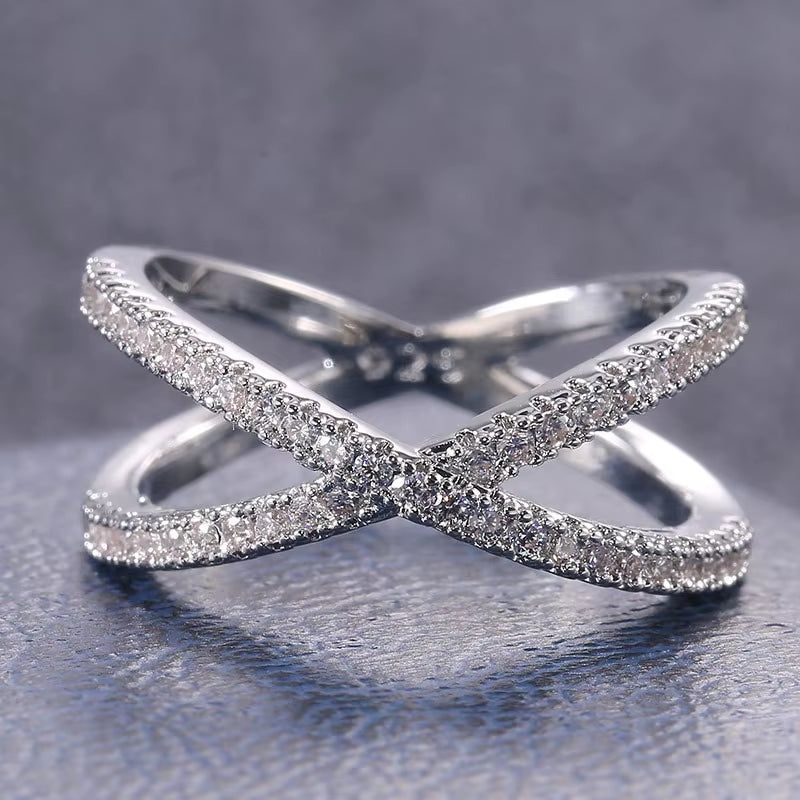 925 Sterling Silver Luxury Cross X Shape Women Engagement Ring Full Paved CZ Stone Elegant Simple Female Jewelry