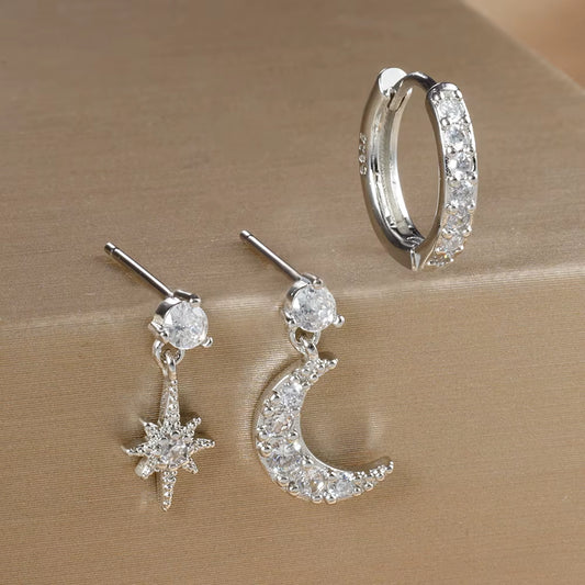 3PCS Luxury Star Pendant Piercing Earrings Set for Women Stainless Steel Zircon Punk Ear Studs Earring Lady Jewelry Aretes