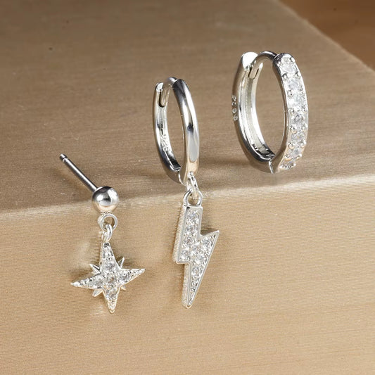 3PCS Luxury Star Pendant Piercing Earrings Set for Women Stainless Steel Zircon Punk Ear Studs Earring Lady Jewelry Aretes