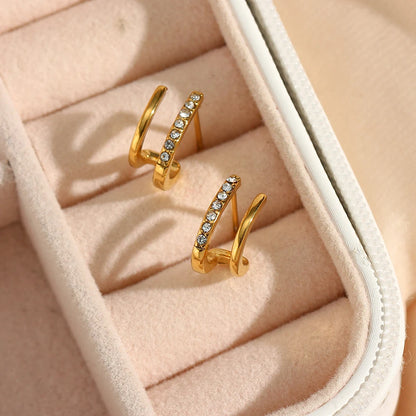 2024 New Crystal Paved Double Layer Hollow Huggie Earrings for Ladies Small Gold Plated Stainless Steel Stud Earrings