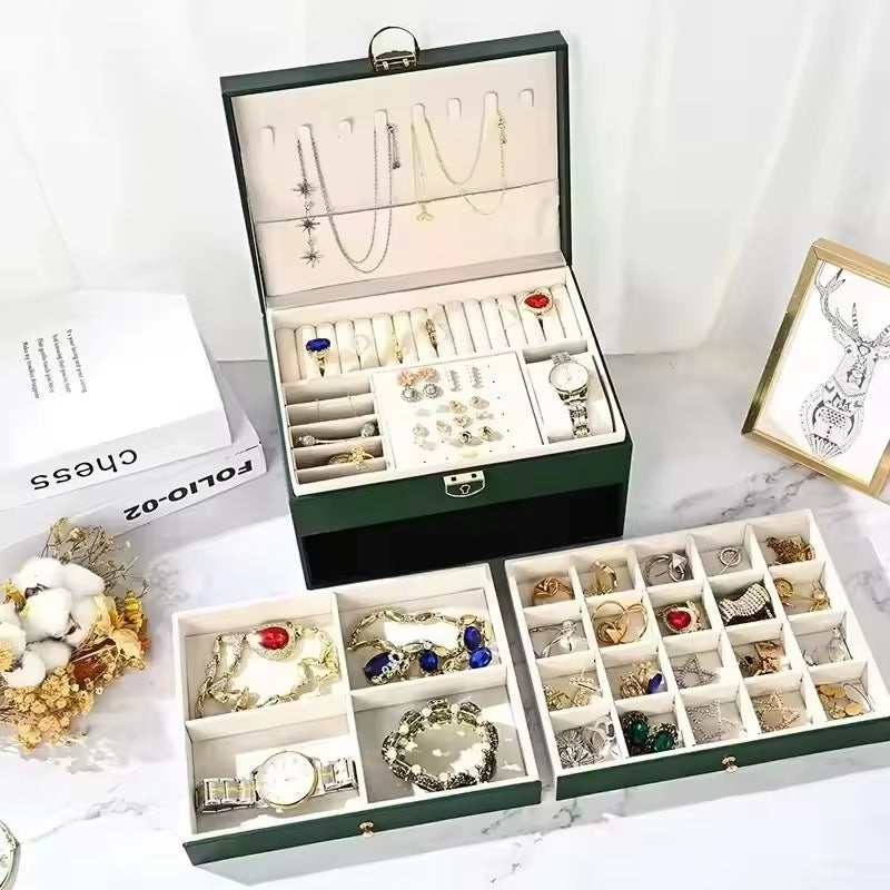 Multifunctional Three Layer Leather Jewelry Box with Lock Earrings Jewelry Storage Box for Women