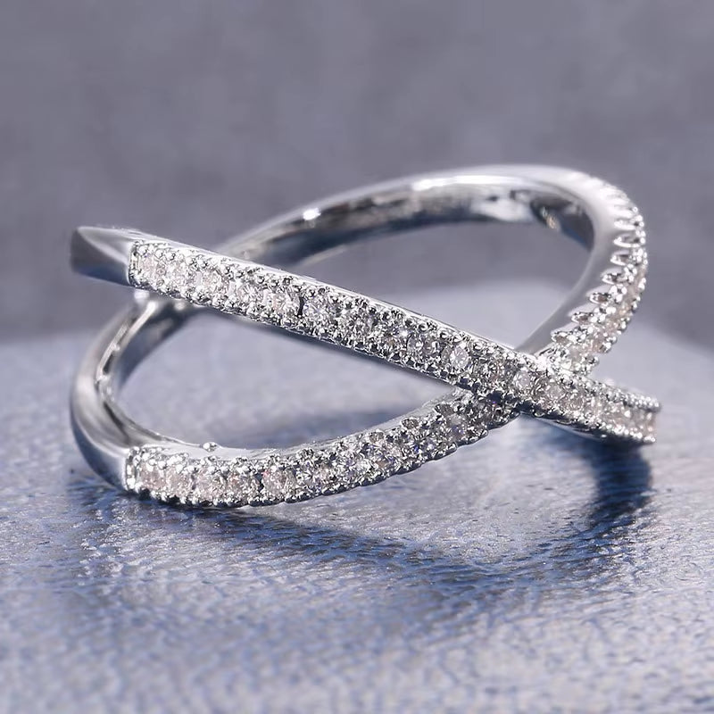 925 Sterling Silver Luxury Cross X Shape Women Engagement Ring Full Paved CZ Stone Elegant Simple Female Jewelry