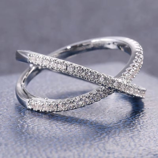925 Sterling Silver Luxury Cross X Shape Women Engagement Ring Full Paved CZ Stone Elegant Simple Female Jewelry