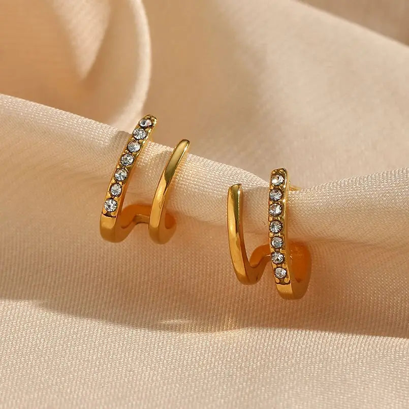 2024 New Crystal Paved Double Layer Hollow Huggie Earrings for Ladies Small Gold Plated Stainless Steel Stud Earrings