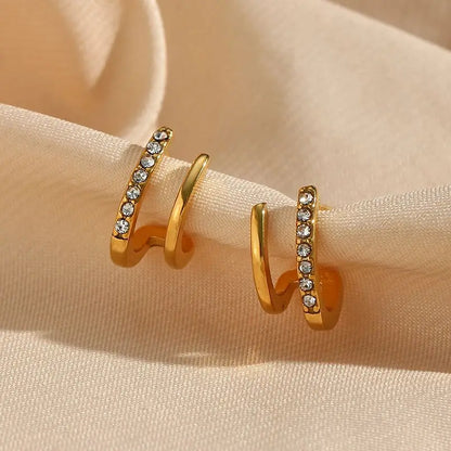 2024 New Crystal Paved Double Layer Hollow Huggie Earrings for Ladies Small Gold Plated Stainless Steel Stud Earrings