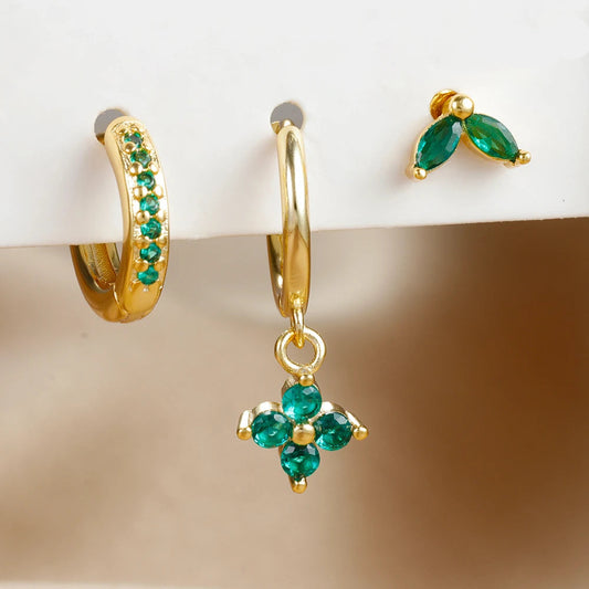 3PCS Exquisite Green Zircon Hanging Earrings Set for Women Stainless Steel Flower Dangle Earring Cartilage Piercing Jewelry