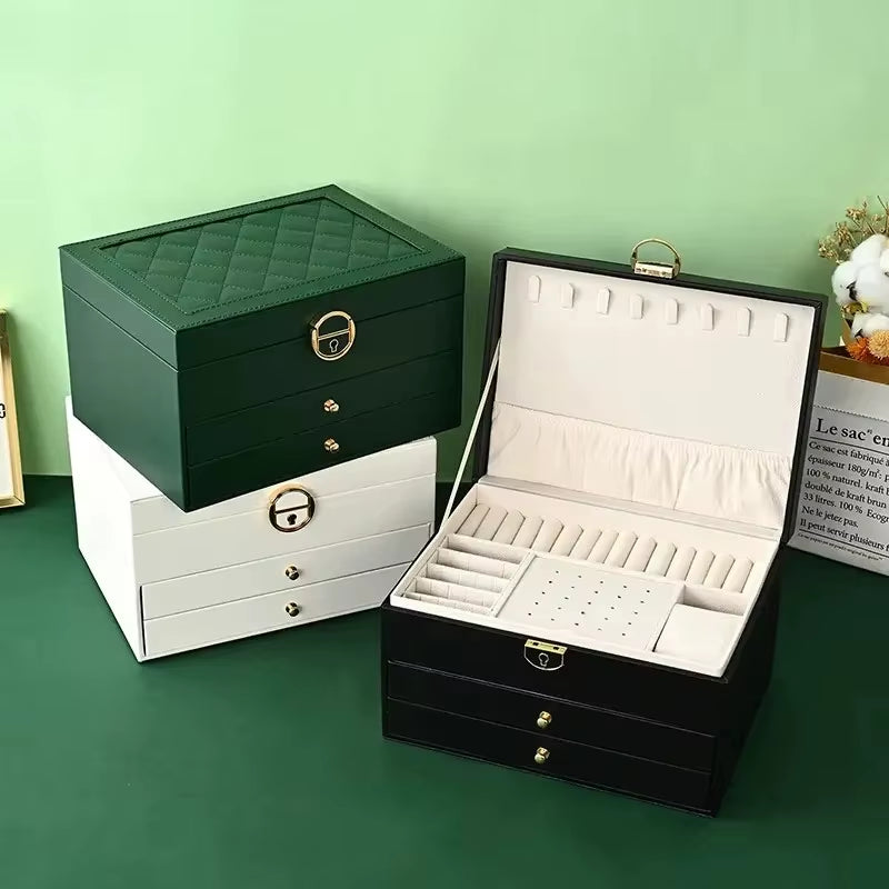 Multifunctional Three Layer Leather Jewelry Box with Lock Earrings Jewelry Storage Box for Women
