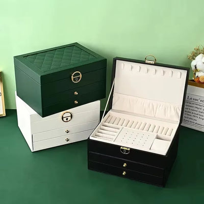 Multifunctional Three Layer Leather Jewelry Box with Lock Earrings Jewelry Storage Box for Women