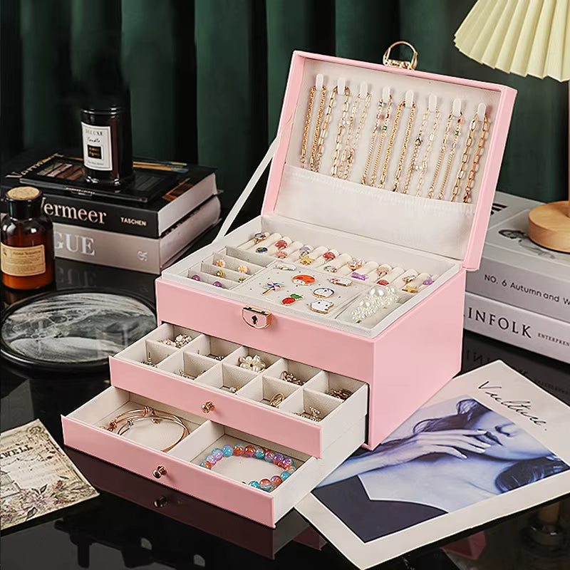 Multifunctional Three Layer Leather Jewelry Box with Lock Earrings Jewelry Storage Box for Women