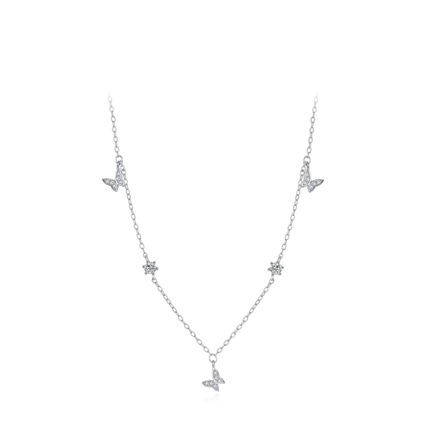 Flying Butterfly CZ Necklace 925 Sterling Silver Simple Link Chain Charms White Gold Plated Necklaces for Women Jewelry