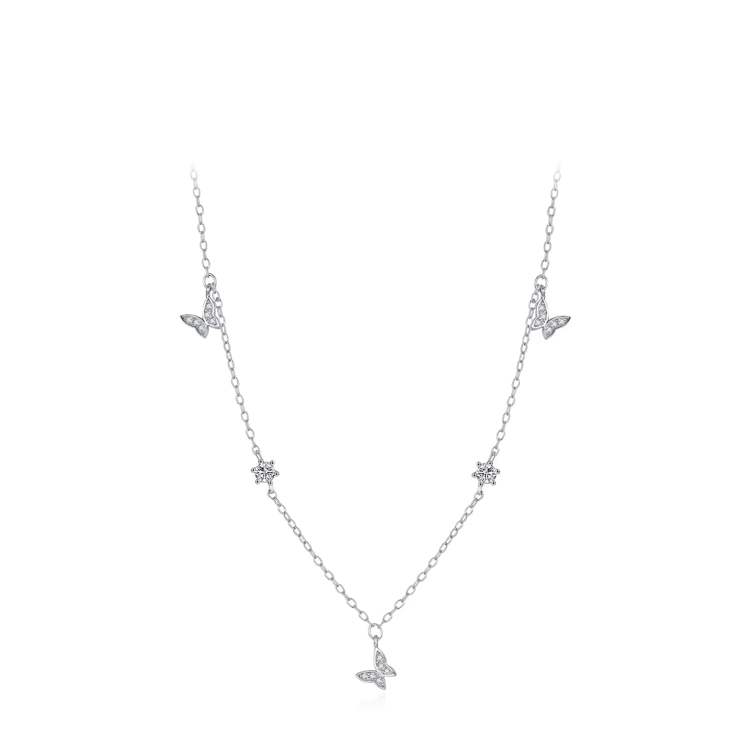 Flying Butterfly CZ Necklace 925 Sterling Silver Simple Link Chain Charms White Gold Plated Necklaces for Women Jewelry