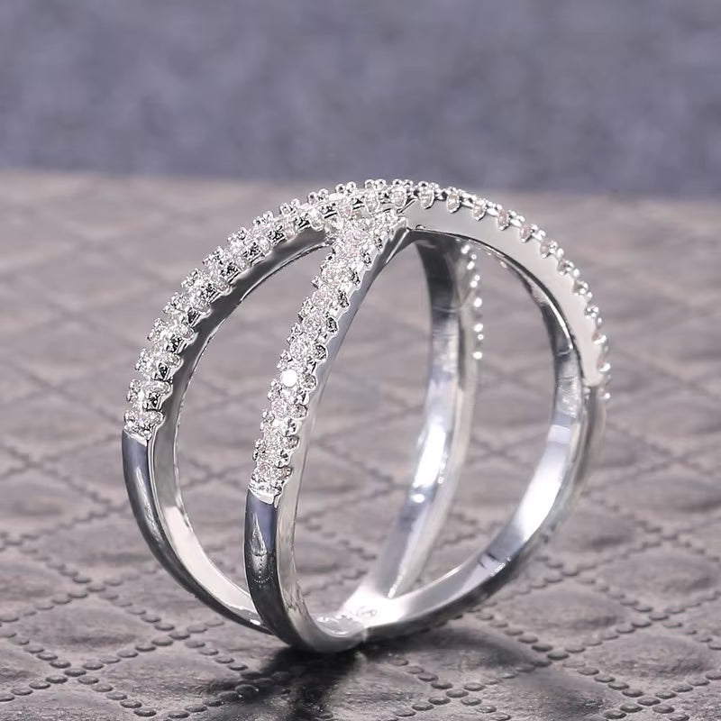 925 Sterling Silver Luxury Cross X Shape Women Engagement Ring Full Paved CZ Stone Elegant Simple Female Jewelry