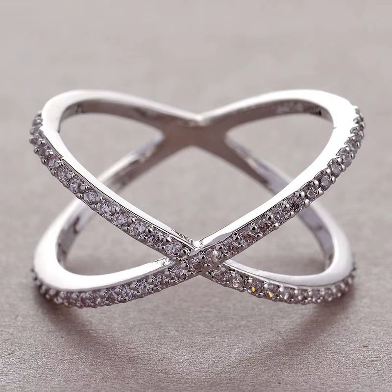 925 Sterling Silver Luxury Cross X Shape Women Engagement Ring Full Paved CZ Stone Elegant Simple Female Jewelry