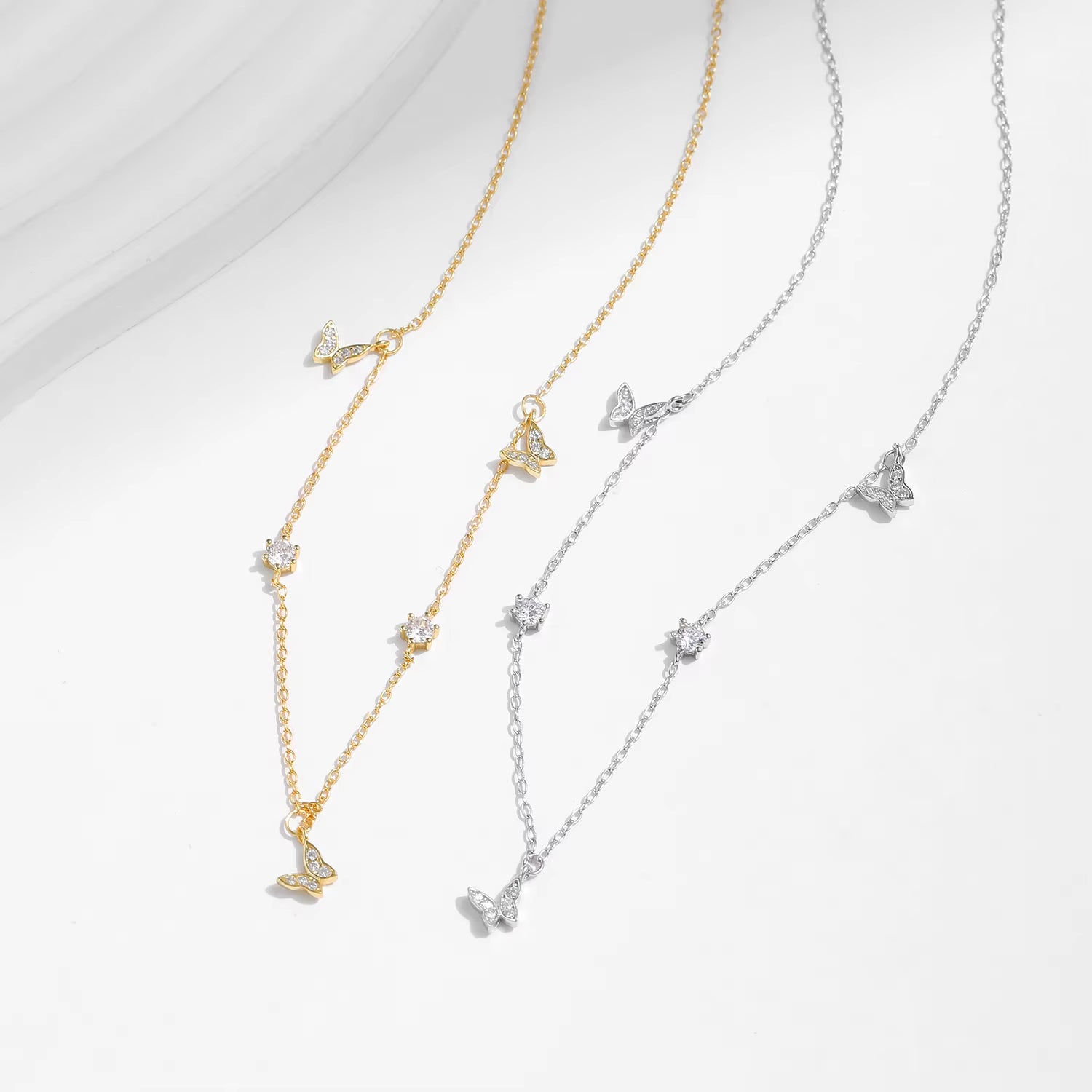 Flying Butterfly CZ Necklace 925 Sterling Silver Simple Link Chain Charms White Gold Plated Necklaces for Women Jewelry