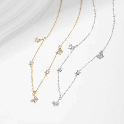 Flying Butterfly CZ Necklace 925 Sterling Silver Simple Link Chain Charms White Gold Plated Necklaces for Women Jewelry