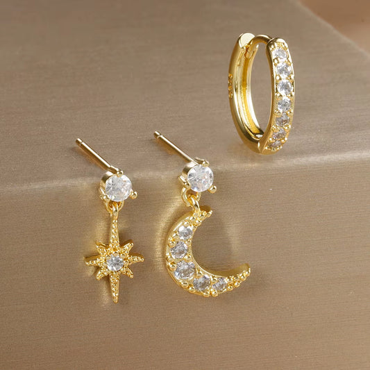 3PCS Luxury Star Pendant Piercing Earrings Set for Women Stainless Steel Zircon Punk Ear Studs Earring Lady Jewelry Aretes
