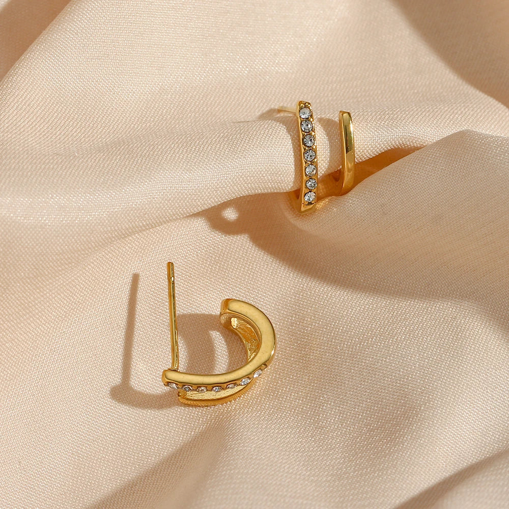 2024 New Crystal Paved Double Layer Hollow Huggie Earrings for Ladies Small Gold Plated Stainless Steel Stud Earrings