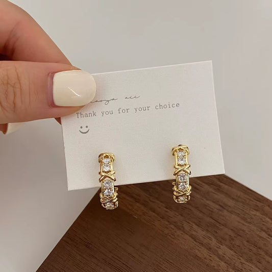 Vintage CC Design Stud Earrings for Women Korean Fashion X Cross Zircon Earring Engagement Jewelry Gifts Wholesale