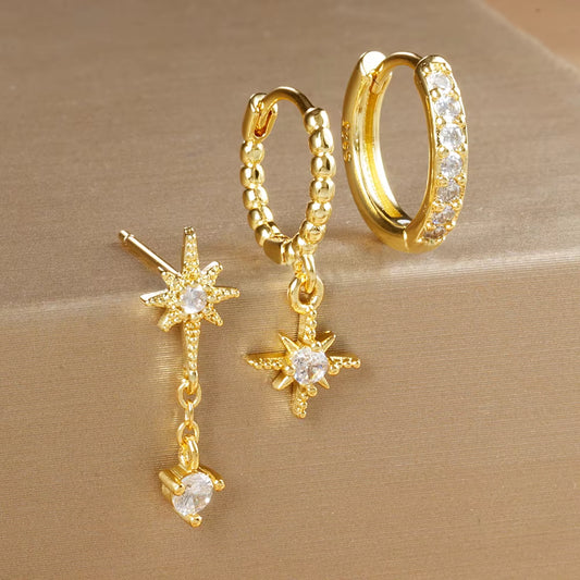 3PCS Luxury Star Pendant Piercing Earrings Set for Women Stainless Steel Zircon Punk Ear Studs Earring Lady Jewelry Aretes