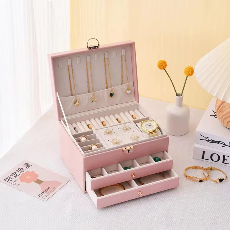Multifunctional Three Layer Leather Jewelry Box with Lock Earrings Jewelry Storage Box for Women