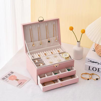 Multifunctional Three Layer Leather Jewelry Box with Lock Earrings Jewelry Storage Box for Women