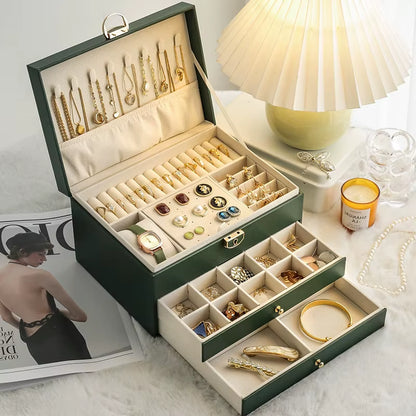 Multifunctional Three Layer Leather Jewelry Box with Lock Earrings Jewelry Storage Box for Women