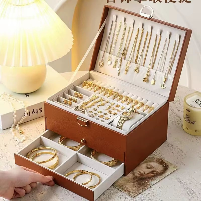 Multifunctional Three Layer Leather Jewelry Box with Lock Earrings Jewelry Storage Box for Women
