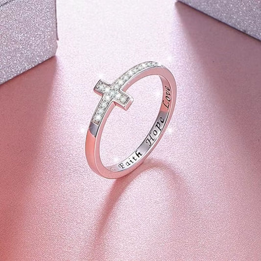 925 Sterling Silver Cross CZ Rings Faith Hope Love Letter Finger Accessories for Women Meaningful Cheer up Pray Jewelry