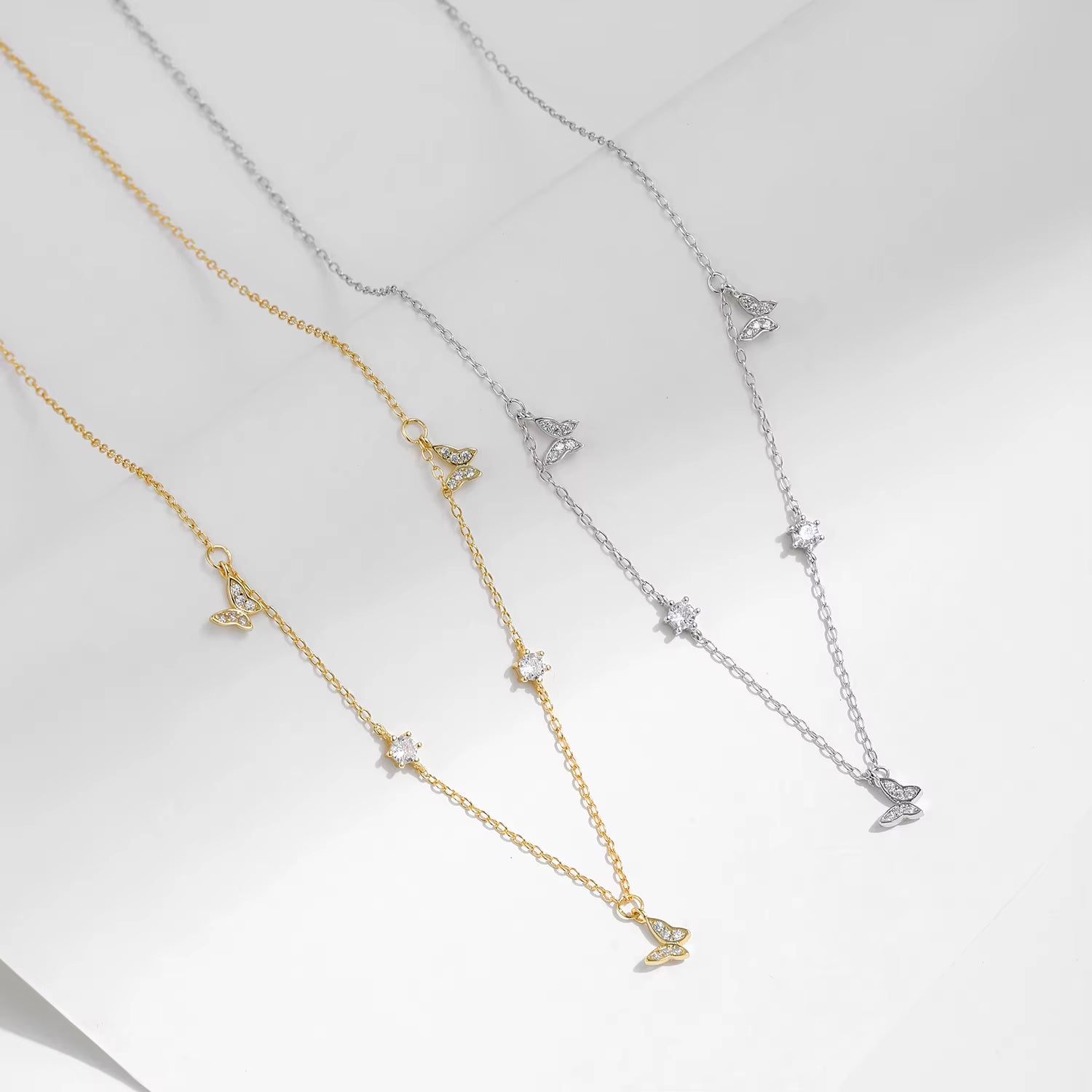 Flying Butterfly CZ Necklace 925 Sterling Silver Simple Link Chain Charms White Gold Plated Necklaces for Women Jewelry